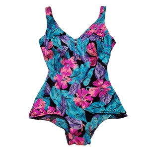 Maxine of Hollywood Vintage Floral Print Blue Pink Size 14 Made in USA