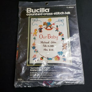Vintage Bucilla Counted Cross Stitch Kit Our Baby Sampler 48866 USA Made Personalize