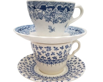 Vintage Blue and White Lot of 2 Ceramic Tea Cups and Saucers Made in England / Columbia
