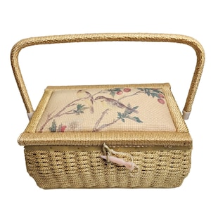 Vintage Bird Print Woven Sewing Basket Japan Large Mustard Yellow Lining