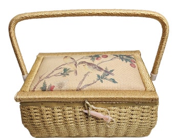 Vintage Bird Print Woven Sewing Basket Japan Large Mustard Yellow Lining
