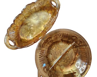 Lot of Carnival Glass Dish Tray Relish Trays Bowl w Handles Marigold Floral