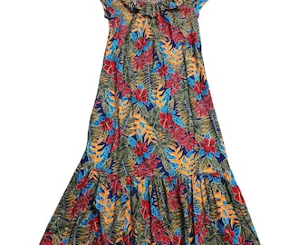 Vestido hawaiano vintage Hilo Hattie con volantes y hombros descubiertos para mujer, hecho en Hawái