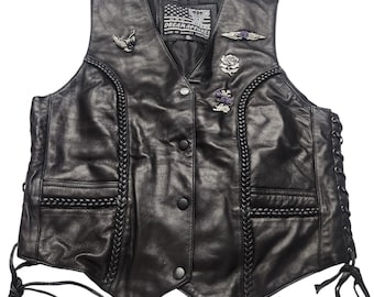 Womens Leather Biker Black Vest Braided Lace Up USA Dream Apparel Pewter Pins