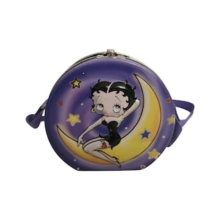 Vintage Y2k Betty Boop Purple Moon Embossed Tin Metal Purse Lunchbox Nylon Strap