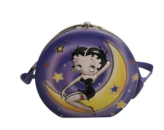 Vintage Y2k Betty Boop Purple Moon Embossed Tin Metal Purse Lunchbox Nylon Strap