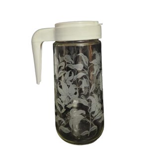 Vintage 1970s Anchor Hocking TANG Glass Pitcher with Lid 1 Quart Etched Lilies