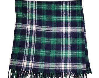 Vintage Faribault Woolen Mills Co Blue-Green-White Plaid Tartan Fringed Acrylic Stadium Blanket Seahawks Colors