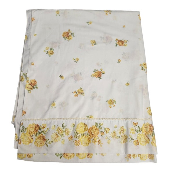 Vintage Fashion Manor Yellow Floral Roses Double Full Flat Sheet JC Penney Muslin