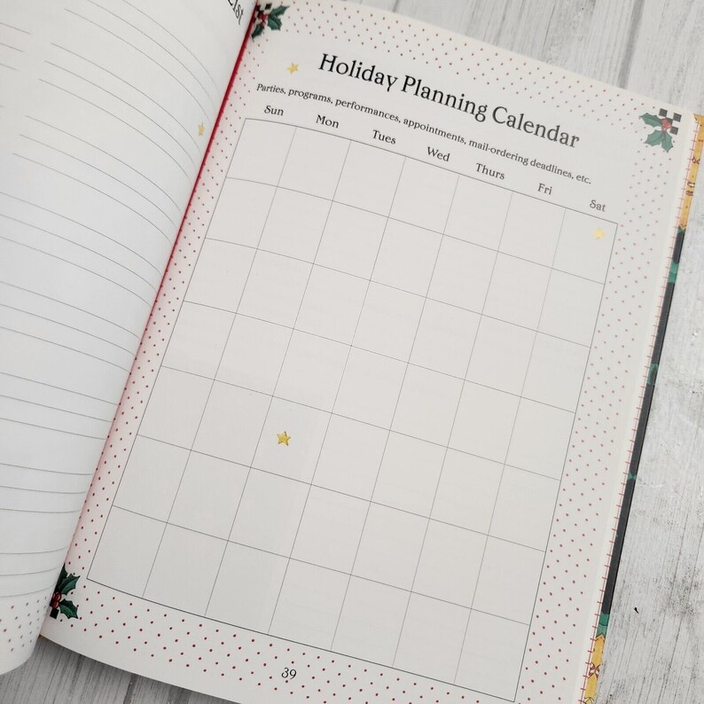May include: A blank holiday planning calendar with a grid layout and headings for each day of the week. The calendar is decorated with red and white polka dots and a holly sprig.