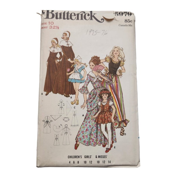 Butterick 5979 Pilgrim Gypsy Dutch Colonial Costume Pattern Vtg 1970 Childrens Girls Misses 32 Busto 10