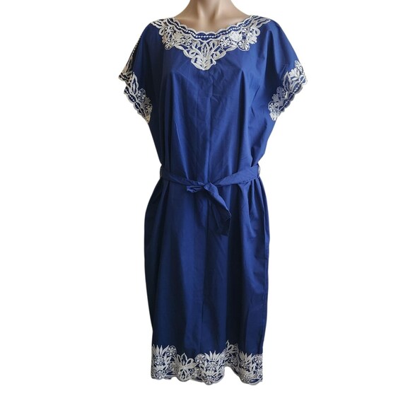 VTG 60s Car0 of Honolulu Hawaiian Aloha Dress Embroidered Blue MCM Boho Hippie