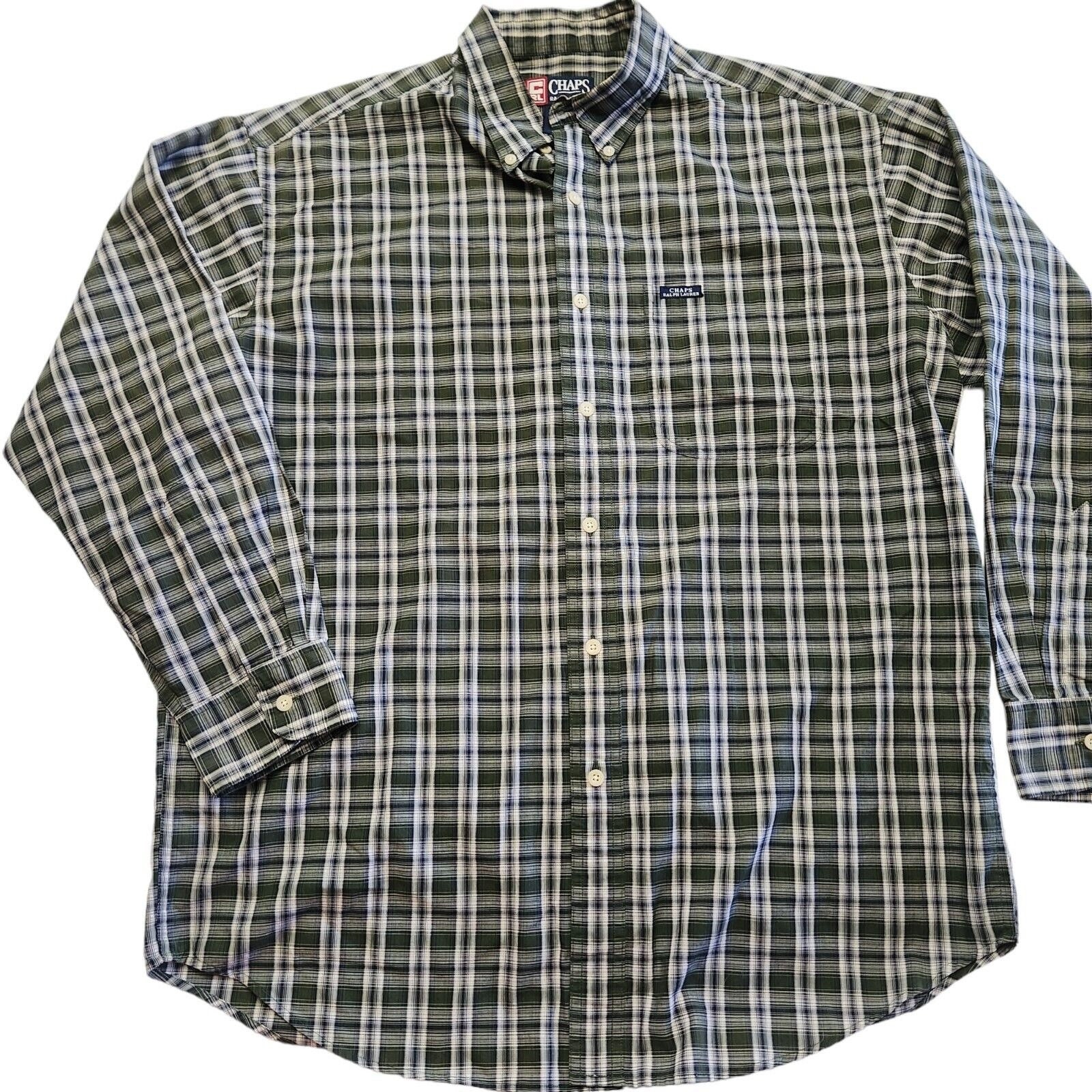 Vintage 90s Chaps Ralph Lauren Shirt Mens Green White Plaid Button Down Long Sleeve