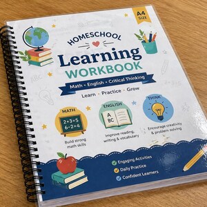May include: Homeschool Learning Workbook with a spiral binding. The cover features a globe, pencils, and illustrations for math and English. The workbook includes the text "Math, English, Critical Thinking" and "Learn, Practice, Grow."