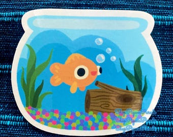 Goldfish Fishbowl Waterproof Sticker - Cute Laptop, Water Bottle Decal