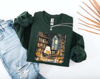 Lovely Ghost Reading Books Halloween Sweatshirt, Ghost Halloween Sweater, Cozy Halloween Girly Sweater, Halloween Women Gift