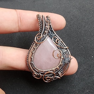 Copper Wire Wrapped Rose Quartz Pendant, Pear Gemstone Pendant, Copper Designer Handmade Pendant, Christmas Gift, Rose Quartz Jewelry