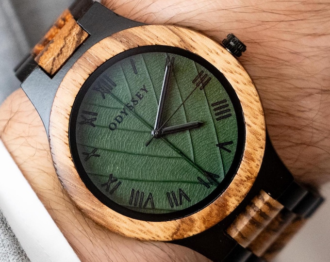 Engraved Wooden Watch For Him | Unique Green Leaf Custom Wood Watch | Mens Luxury Wristwatch | Husband Wedding Anniversary Gift | Nova Fern