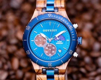 Personalised Mens Wood Watch With Blue Moon Phase Dial | Horizon Marina