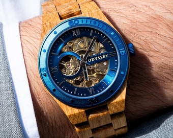 Engraved Mechanical Watch | Automatic Mens Oak Wood Gold & Blue Dial | Unique Bespoke Skeleton Wristwatch | Gift for Him | Elysian Evolve