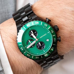 Engraved Wooden Watch | Green Dial Chronograph | Personalised Custom Wristwatch | 1st 2nd 5th Anniversary Gift For Husband | Vanguard Forest
