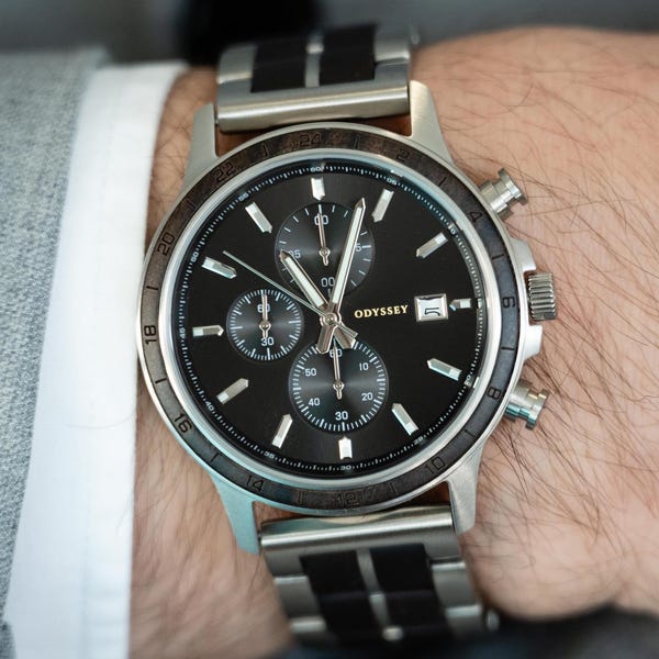 Engraved Unique Wood Watch | Personalised Mens Gift | Black Silver Dial & Strap | Boyfriend, Fiance, Husband Present | Emperor Eclipse
