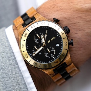 Mens Wooden Watch Black Dial Gold Bezel | Engraved Keepsake Wood Watch For Him | Unique Wedding Anniversary Gift for Husband | Vanguard Dune