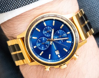 Wood Watch with Personalisation | Blue Dial Wooden Strap | Romantic Husband Gift | Engraved | Memorable Anniversary Present | Emperor Orion