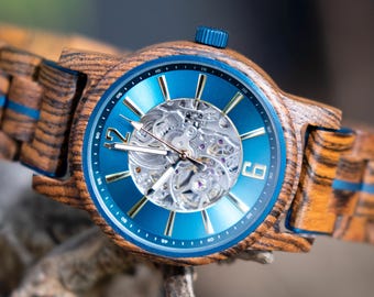 Unique Mechanical Wood Watch For Him | Engraved Automatic Mens Wooden Watch | Bespoke Skeleton Wristwatch | Wedding Gift | The Wayfarer