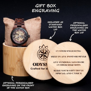 Automatic Wooden Watch | Engraved Mechanical Wood Watch | Gold & Brown Dial | Unique Skeleton Wristwatch | Gift for Him | Elysian Rustic image 7