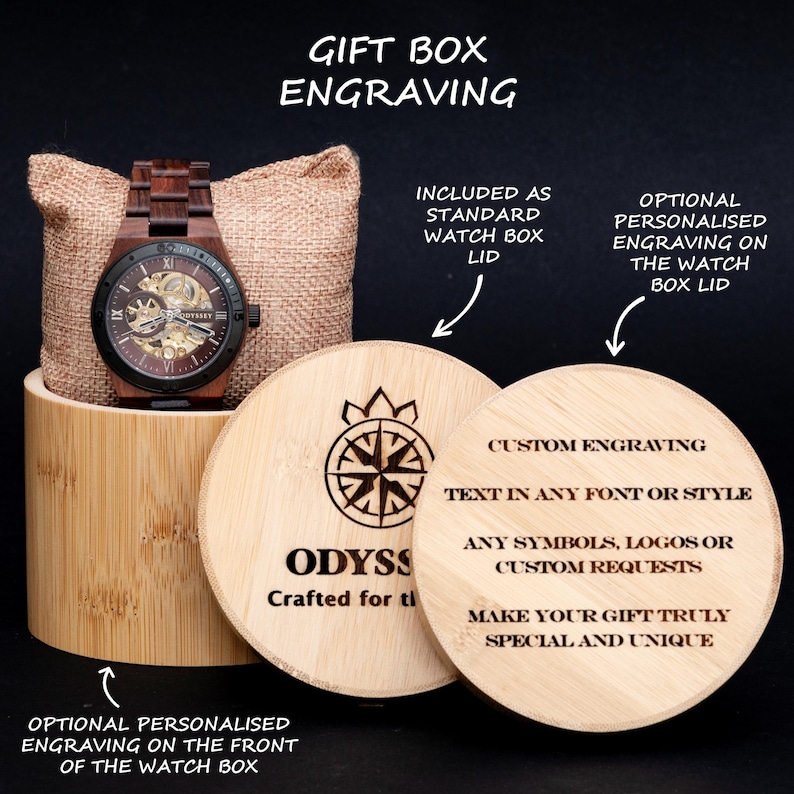 Automatic Wooden Watch | Engraved Mechanical Wood Watch | Gold & Brown Dial | Unique Skeleton Wristwatch | Gift for Him | Elysian Rustic image 7