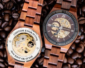 Personalised Mechanical Wood Watch | Gold & Brown Dial | Unique Automatic Skeleton Wristwatch | Custom Mens Gift for Him | Elysian Rustic