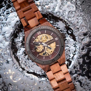 Automatic Wooden Watch | Engraved Mechanical Wood Watch | Gold & Brown Dial | Unique Skeleton Wristwatch | Gift for Him | Elysian Rustic image 3
