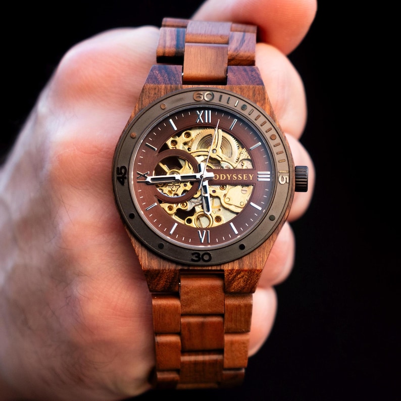 Automatic Wooden Watch | Engraved Mechanical Wood Watch | Gold & Brown Dial | Unique Skeleton Wristwatch | Gift for Him | Elysian Rustic image 2