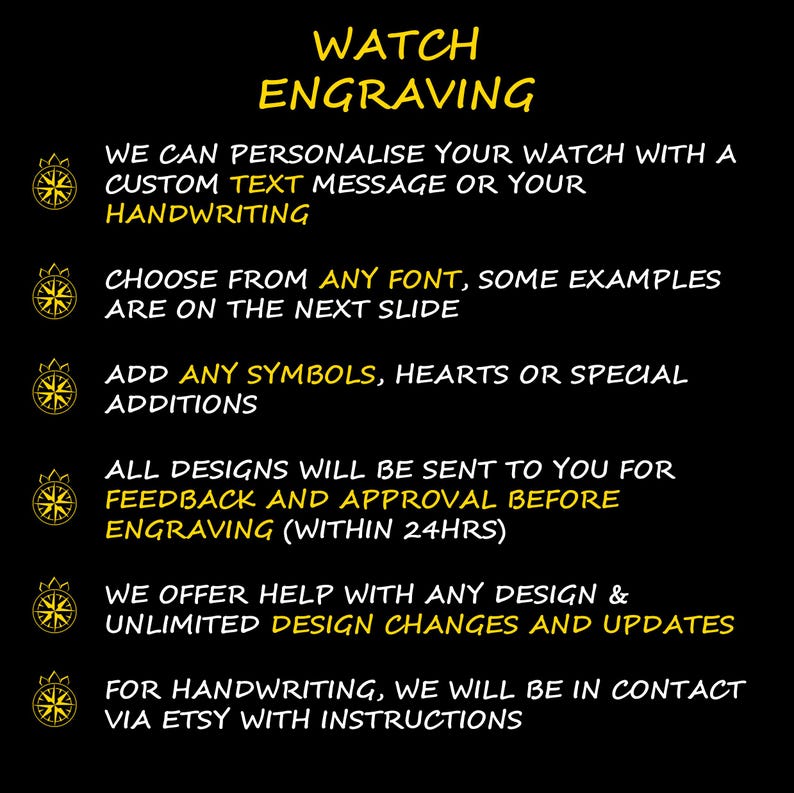 以下が含まれることがあります： 「WATCH ENGRAVING」と書かれた黄色のテキストが配置された黒い背景。カスタムテキスト、手書き、フォント、シンボル、デザイン変更による時計のパーソナライズについて説明しています。デザインはフィードバックと承認のために送信されます。