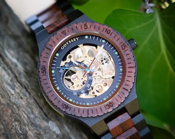 Engraved Wooden Watch | Mens Automatic Mechanical Wood Watch | Personalised Gift  | Custom Wristwatch | Anniversary Gift | Labyrinth Flame
