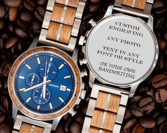 Graverat armbandsur i trä | Blå kronograf med urtavla och silverfärgat metallarmband | Meningsfull present till honom | Personlig present | Emperor Polaris