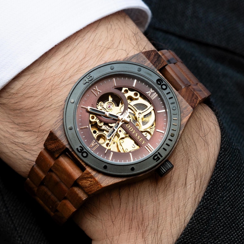 Automatic Wooden Watch | Engraved Mechanical Wood Watch | Gold & Brown Dial | Unique Skeleton Wristwatch | Gift for Him | Elysian Rustic image 1