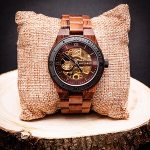 Automatic Wooden Watch | Engraved Mechanical Wood Watch | Gold & Brown Dial | Unique Skeleton Wristwatch | Gift for Him | Elysian Rustic image 4