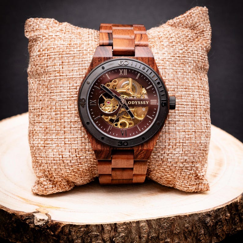 Automatic Wooden Watch | Engraved Mechanical Wood Watch | Gold & Brown Dial | Unique Skeleton Wristwatch | Gift for Him | Elysian Rustic image 4