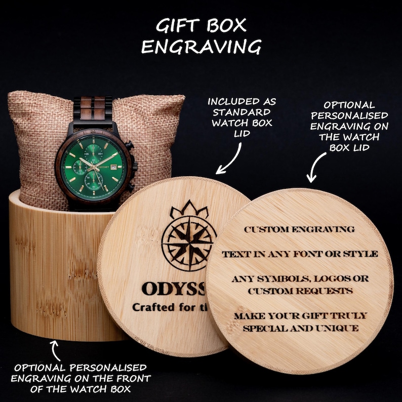Unique Engraved Watch | Green Face Wooden Strap | Special Mens Gift | Meaningful Personalised Keepsake | Anniversary Present | Emperor Prism image 7