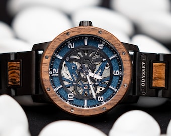 Mechanical Unique Wood Watch | Personalised Engraved Wooden Watch | Blue Automatic Skeleton Dial | Wedding Anniversary | Trailblazer Solis