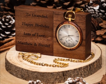 Engraved Wooden Pocket Watch & Display Stand | Unique Personalised Gift | Handmade Anniversary Keepsake | Heritage Pocket Watch