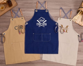 Personalized Embroidered Apron, Custom Canvas Workshop Apron with Pockets, Custom Kitchen Apron, Gift for Him,Barbeque Apron,Bartender Apron