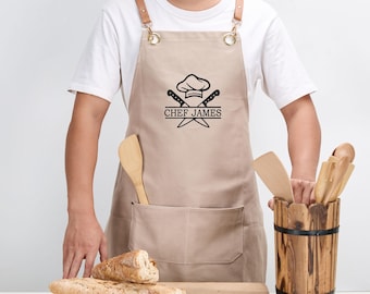 Delantal de chef de lona personalizado con bolsillos, bordado para restaurantes y cocina casera, delantal con monograma para regalar.