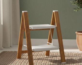 Foldable Aluminum Step Stool, Woodgrain Finish, Anti-Slip Kitchen Helper, Plant Stand