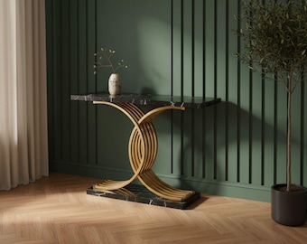 Modern Black Marble Console Table, Gold Swirl Base Entryway Desk