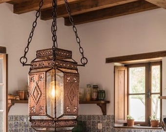 Southwest Hanging Lantern Rustic Ceiling Light Hacienda Pendant Fixture Spanish Style Tin Decor Kitchen Island Lighting Farmhouse Accent