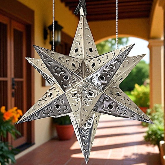 Mexican Tin Star Lantern, Handmade Moravian Star Light, Spanish