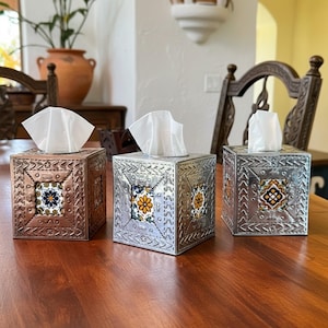 Handmade Mexican Tin Tissue Box Cover with Talavera Tile Spanish Colonial Bathroom Decor Rustic Hacienda Kleenex Holder